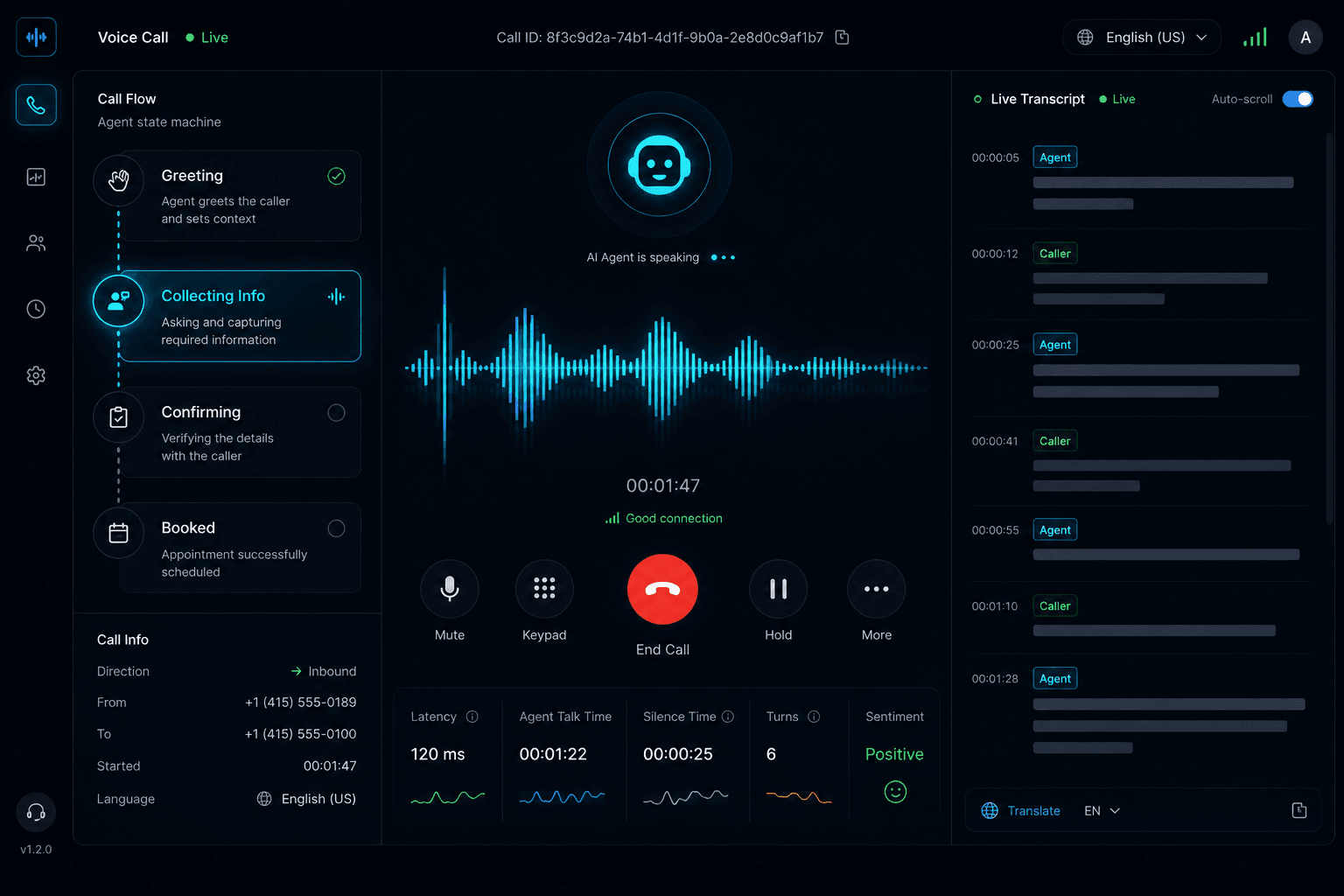 ARIA: active call, real-time transcription, booking and SMS tool flows