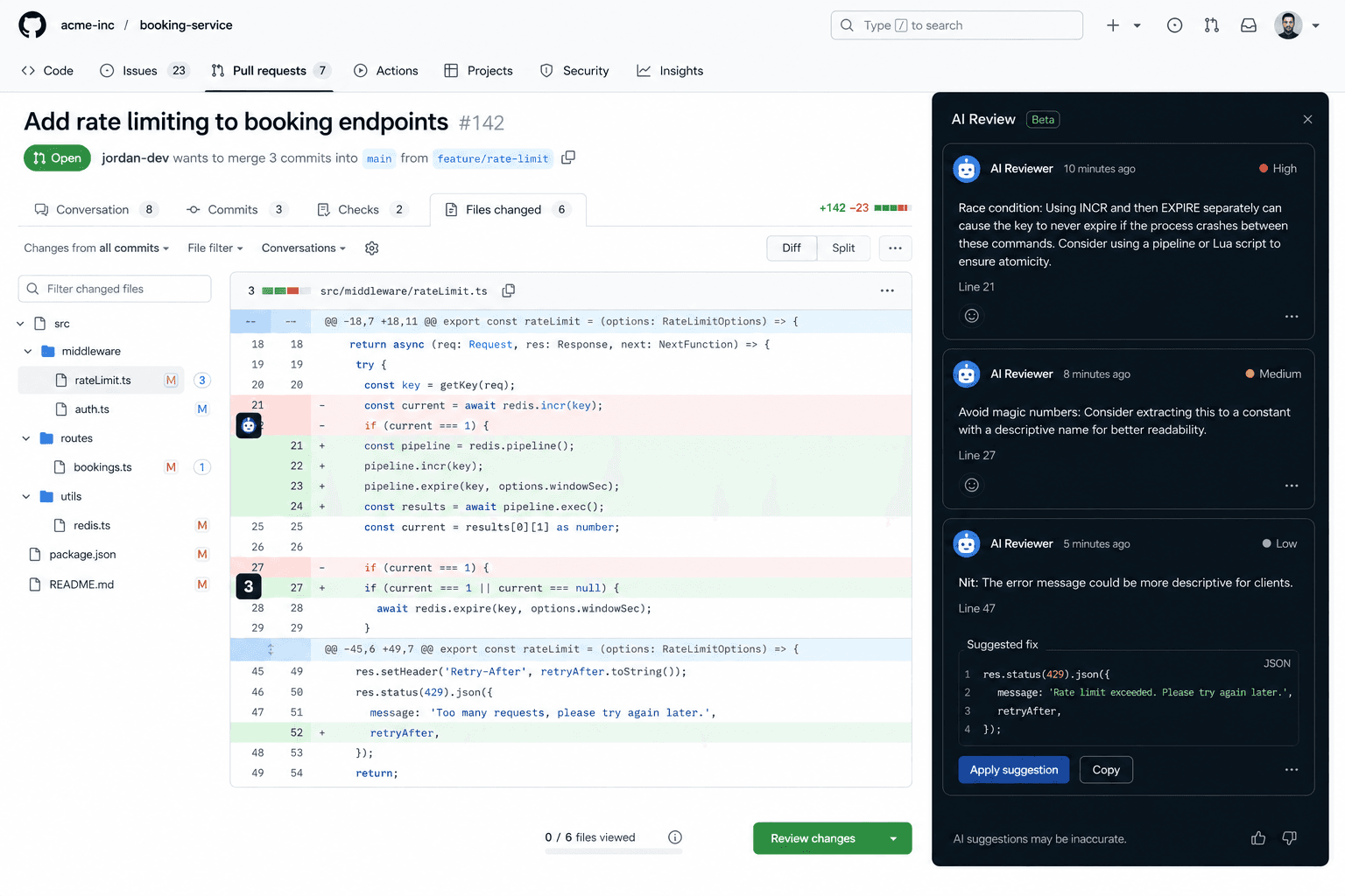 BugBot reviewing a pull request: GitHub diff with AI security findings and inline suggestions