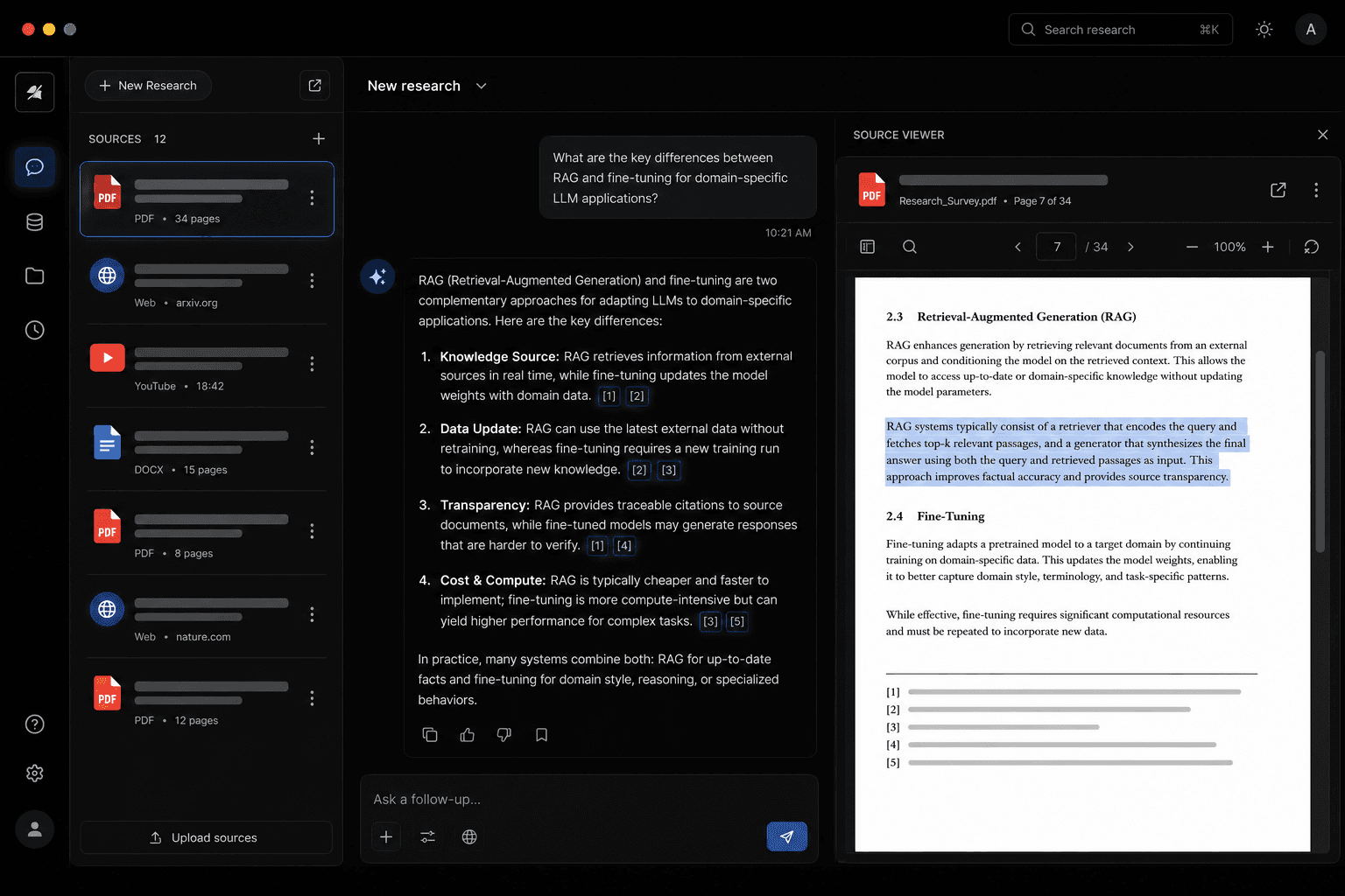 NotebookLM: research assistant chat with cited answers and a source viewer panel