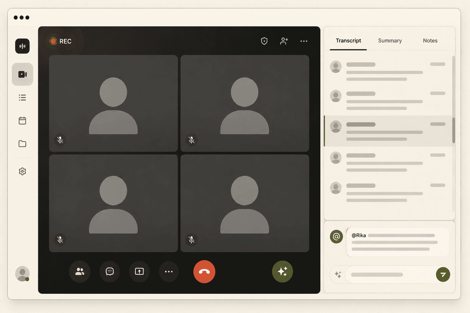 Rika: meeting call grid with a live speaker-attributed transcript panel